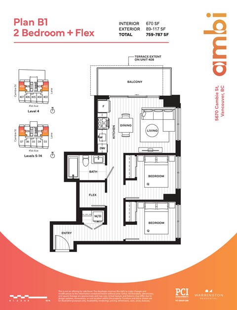 Floor plan for 2 beds, 2 baths, 670 sqft